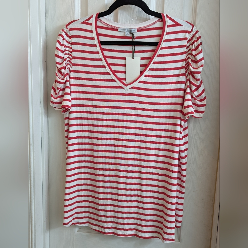 Green Envelope Red and White Striped Ruched Blouse NWT